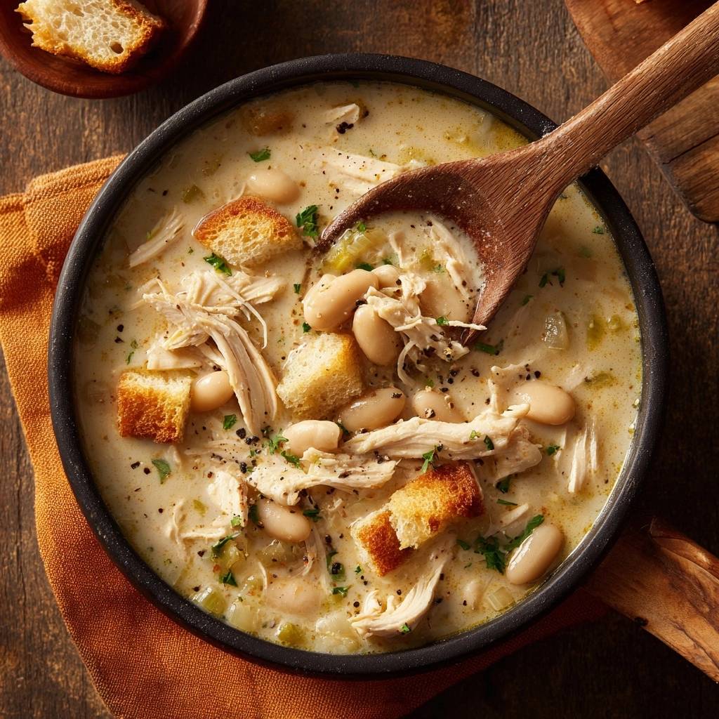Creamy white chicken chili with tender chicken, white beans, and croutons scooped with a wooden spoon.