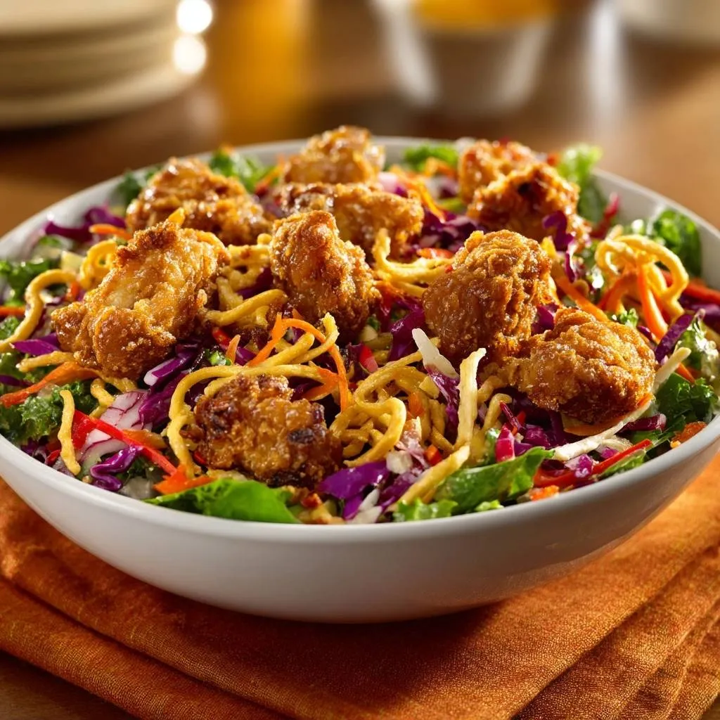 Crispy Asian Chicken Salad served in a white bowl, showcasing a vibrant mix of greens, shredded vegetables, and crispy chicken pieces.