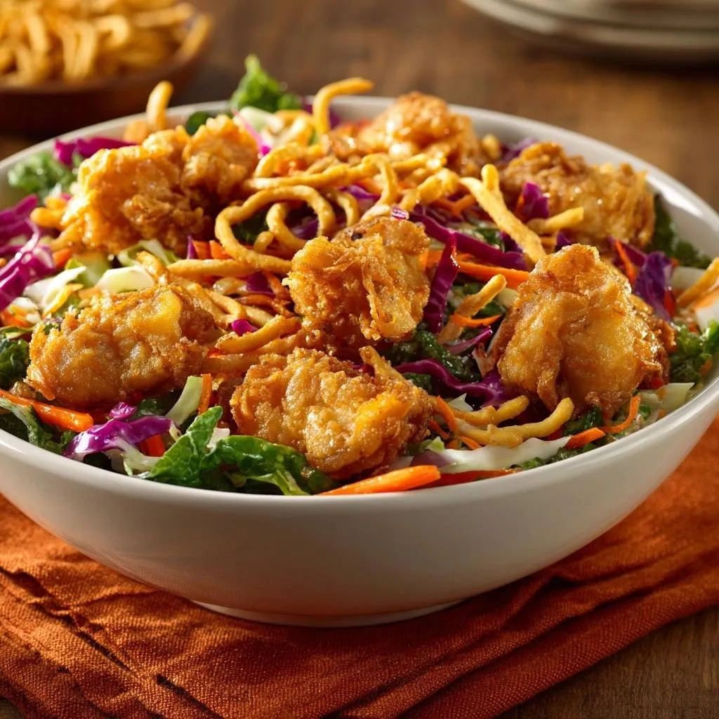Crispy Asian chicken salad served in a white bowl, showcasing fried chicken pieces and crunchy noodles over fresh greens.