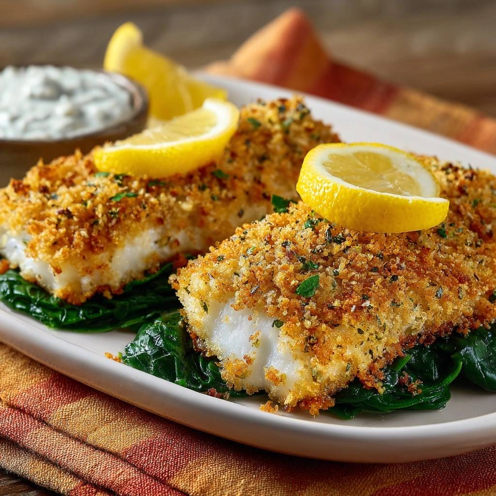 Crispy breaded white fish plated with spinach and lemon slices, showcasing its golden crust.