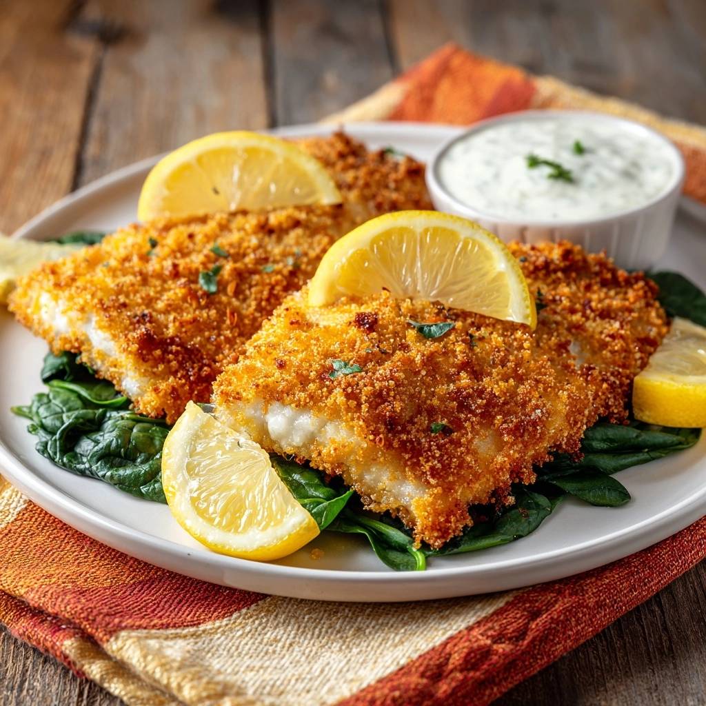 Crispy breaded white fish plated with lemon slices and a side of dipping sauce on a bed of spinach.