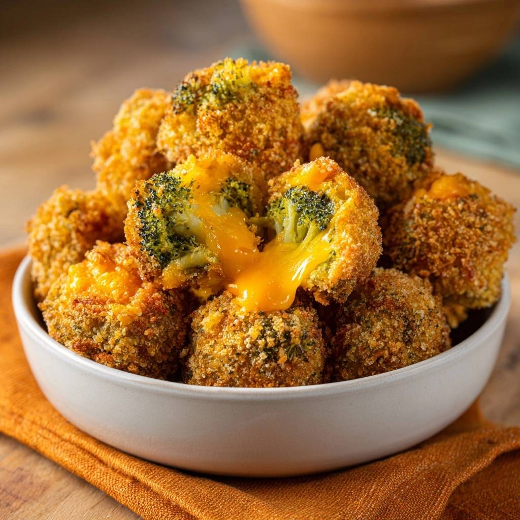 Crispy cheddar-stuffed broccoli florets shown in a cross-section with melted cheese oozing out.