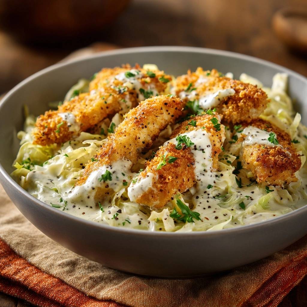 Crispy chicken and creamy cabbage bowl shown in a close-up view with a drizzle of sauce and fresh parsley garnish.