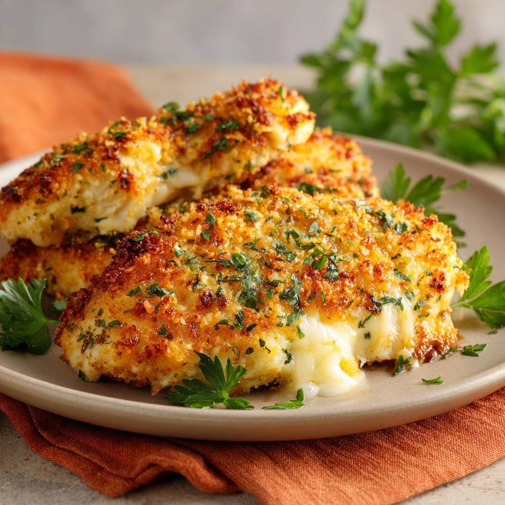 Crispy garlic Parmesan stuffed chicken with melted cheese oozing out, garnished with parsley on a plate.