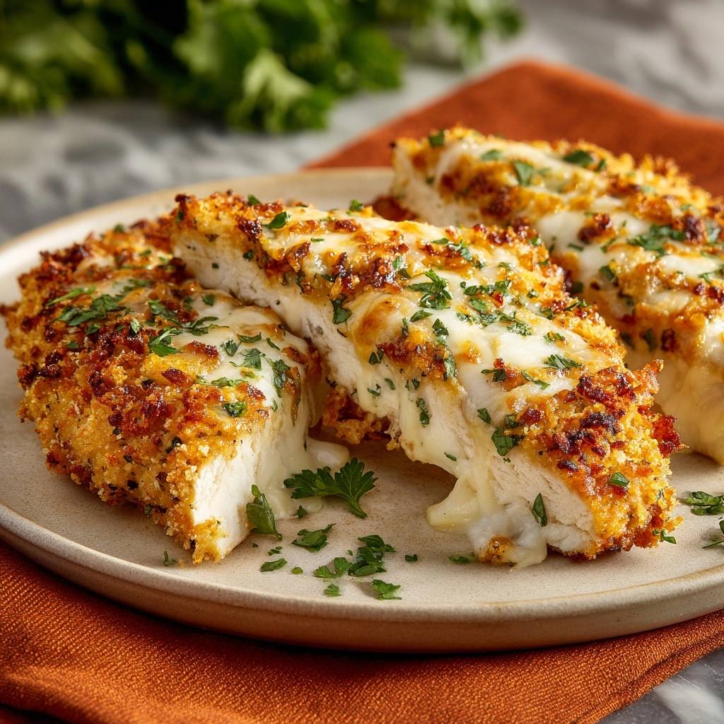 Crispy garlic Parmesan stuffed chicken shown in a close-up cross-section revealing melted cheese and a tender interior.