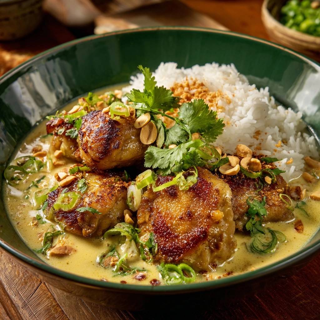 Crispy pan-seared chicken curry served in a green bowl with rice and garnished with peanuts and cilantro.