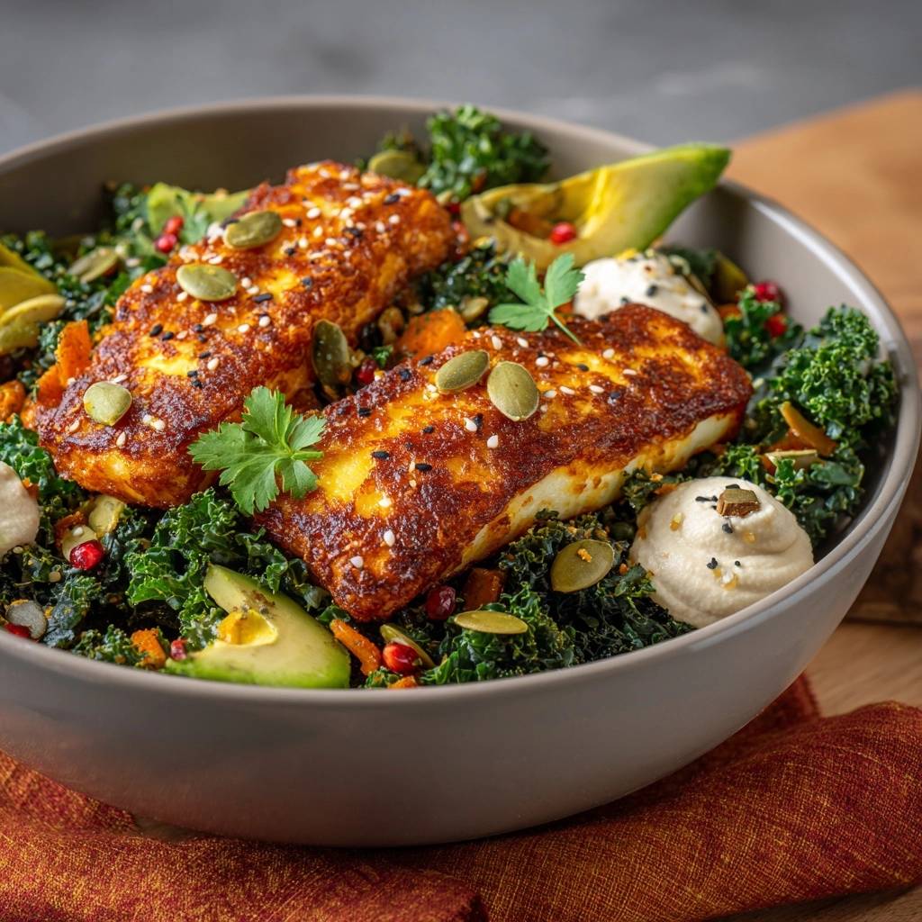 Crispy pan-seared halloumi kale bowl with avocado and pumpkin seeds, shown in a close-up top-down view.