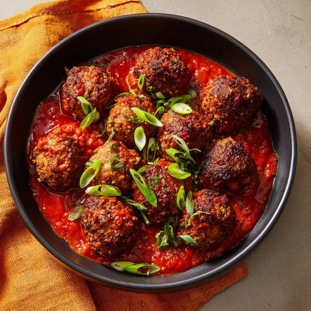 Crispy pan-seared meatballs in zesty marinara with a close-up overhead view in a black bowl, garnished with green onions.