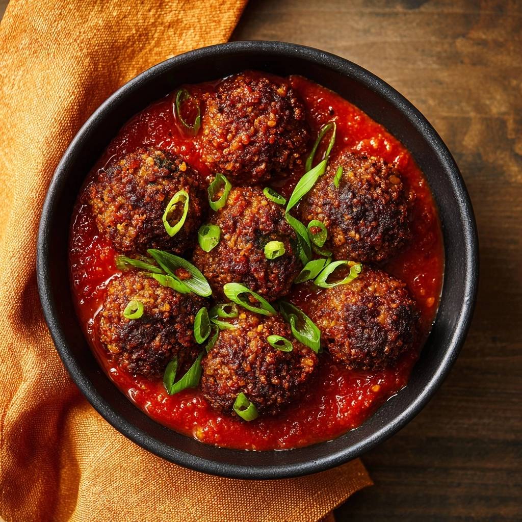 Crispy pan-seared meatballs in zesty marinara served in a black bowl, garnished with sliced green onions, overhead view.