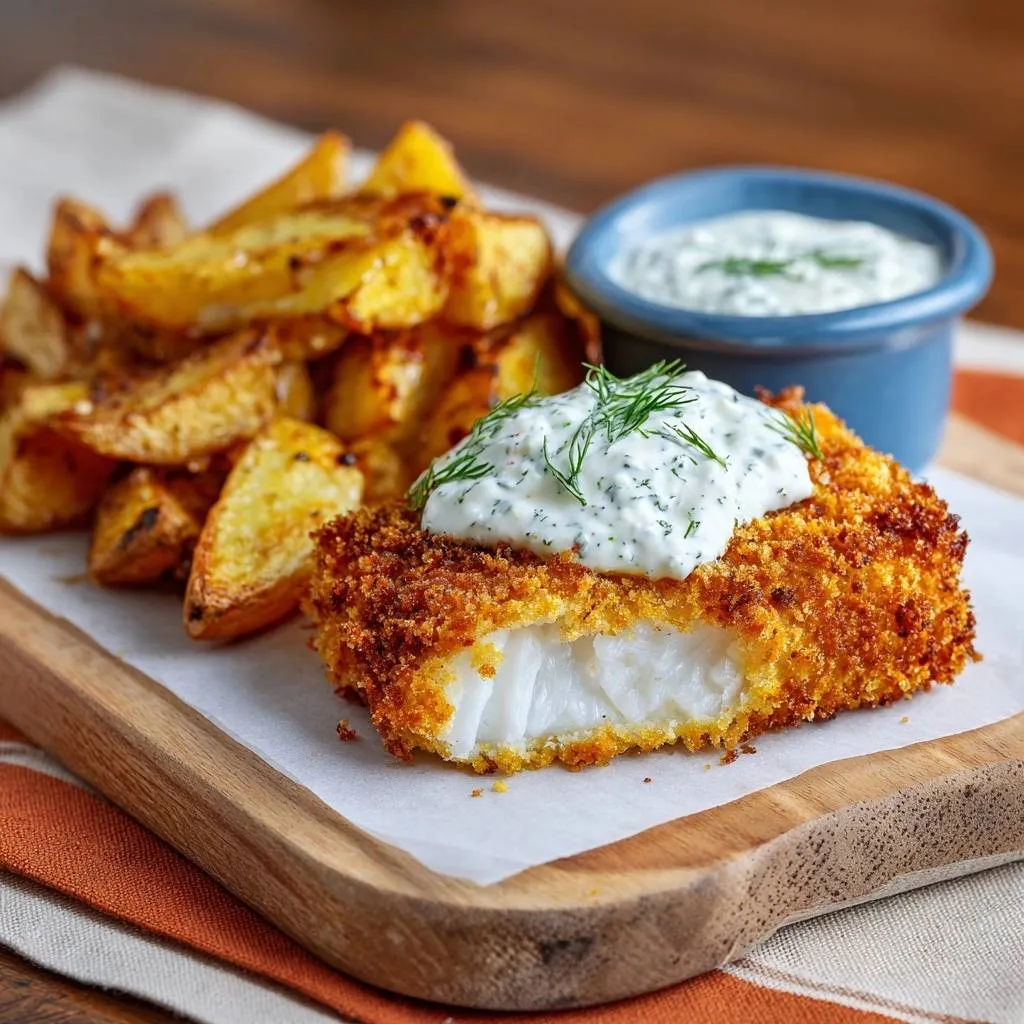 Crispy Panko Crusted Cod and Potato Wedges shown in a close-up cross-section revealing the flaky white fish inside.