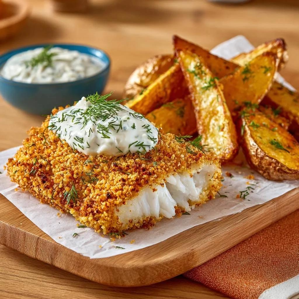 Crispy panko crusted cod and potato wedges shown with a close-up cross-section revealing the flaky white fish inside.