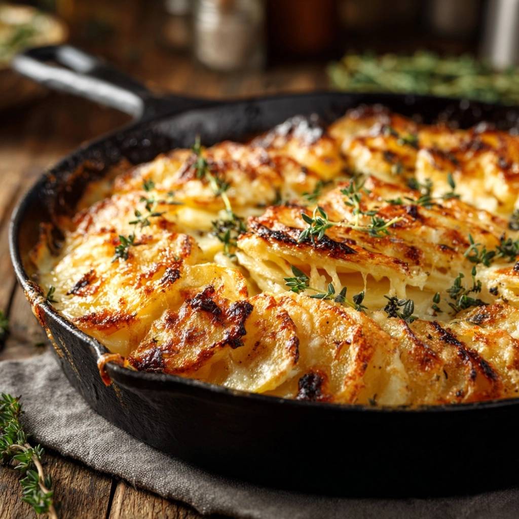 Crispy skillet scalloped potatoes with a close-up view of the golden-brown potato slices and fresh thyme garnish.