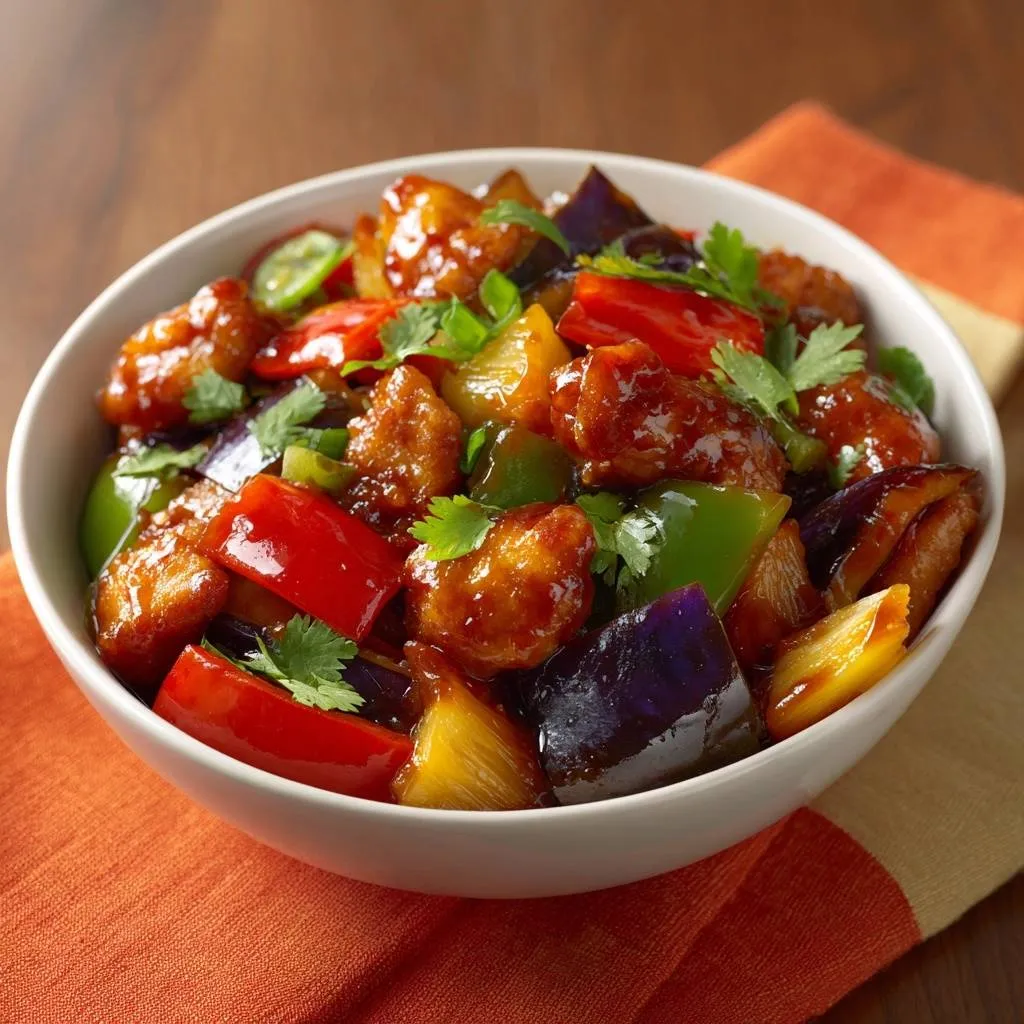 Crispy sweet and sour chicken presented in a white bowl with colorful vegetables and a glossy sauce.