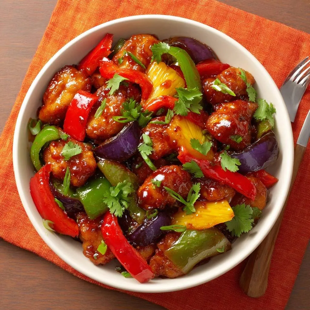 Crispy sweet and sour chicken served in a white bowl with pineapple, bell peppers, and cilantro garnish.