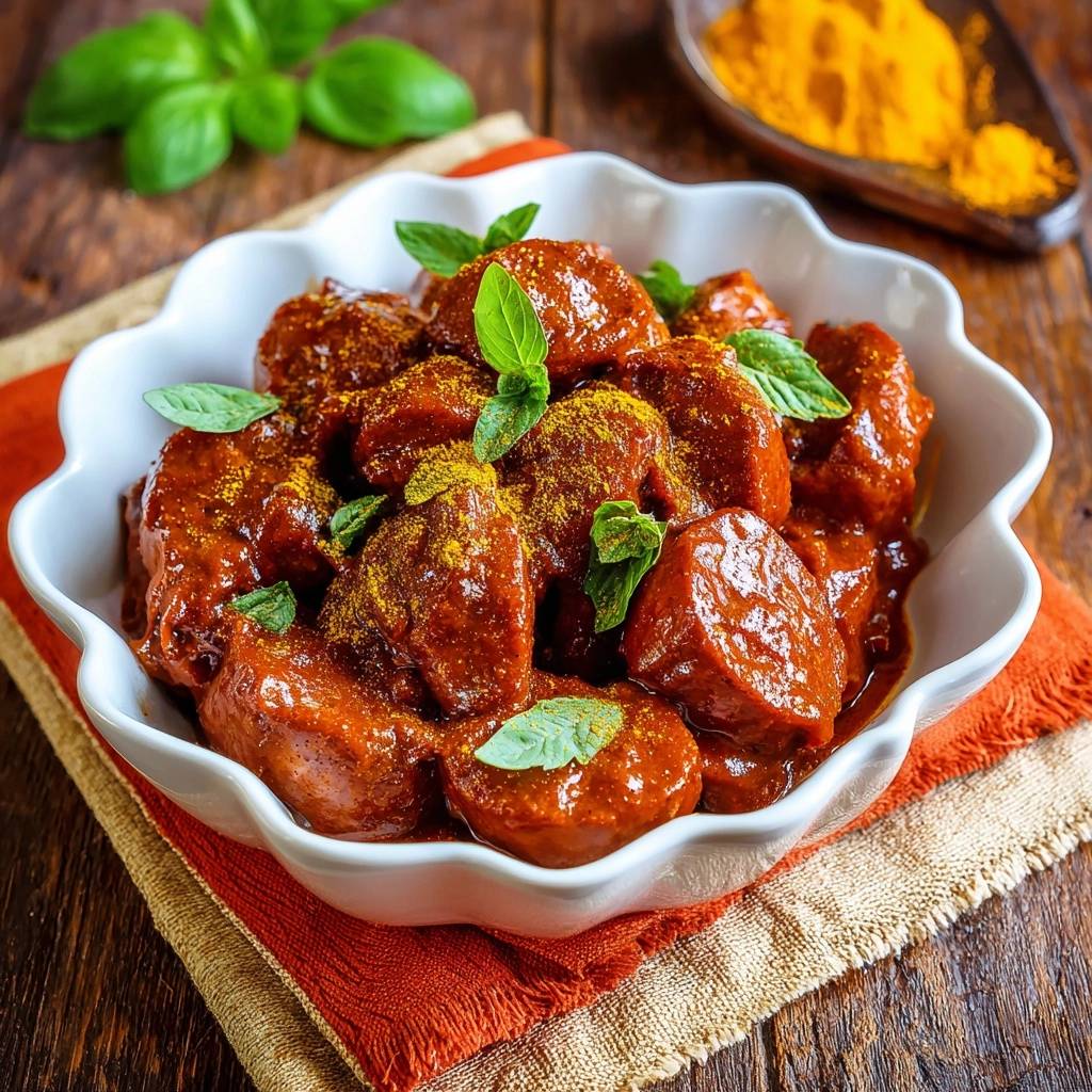 Saucy curry wurst bites in a white bowl, garnished with fresh mint and sprinkled with turmeric.