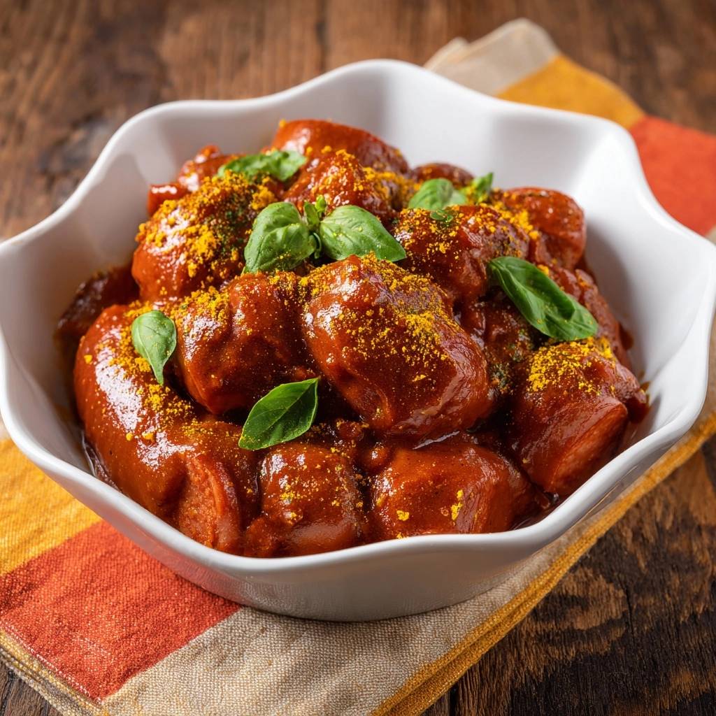 Saucy curry wurst bites garnished with fresh basil and yellow powder in a white bowl.