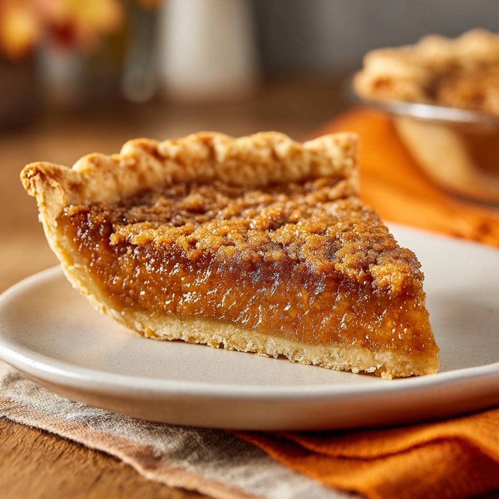 Deep dish brown sugar crumble pie sliced and served on a plate showing its textured topping and filling.