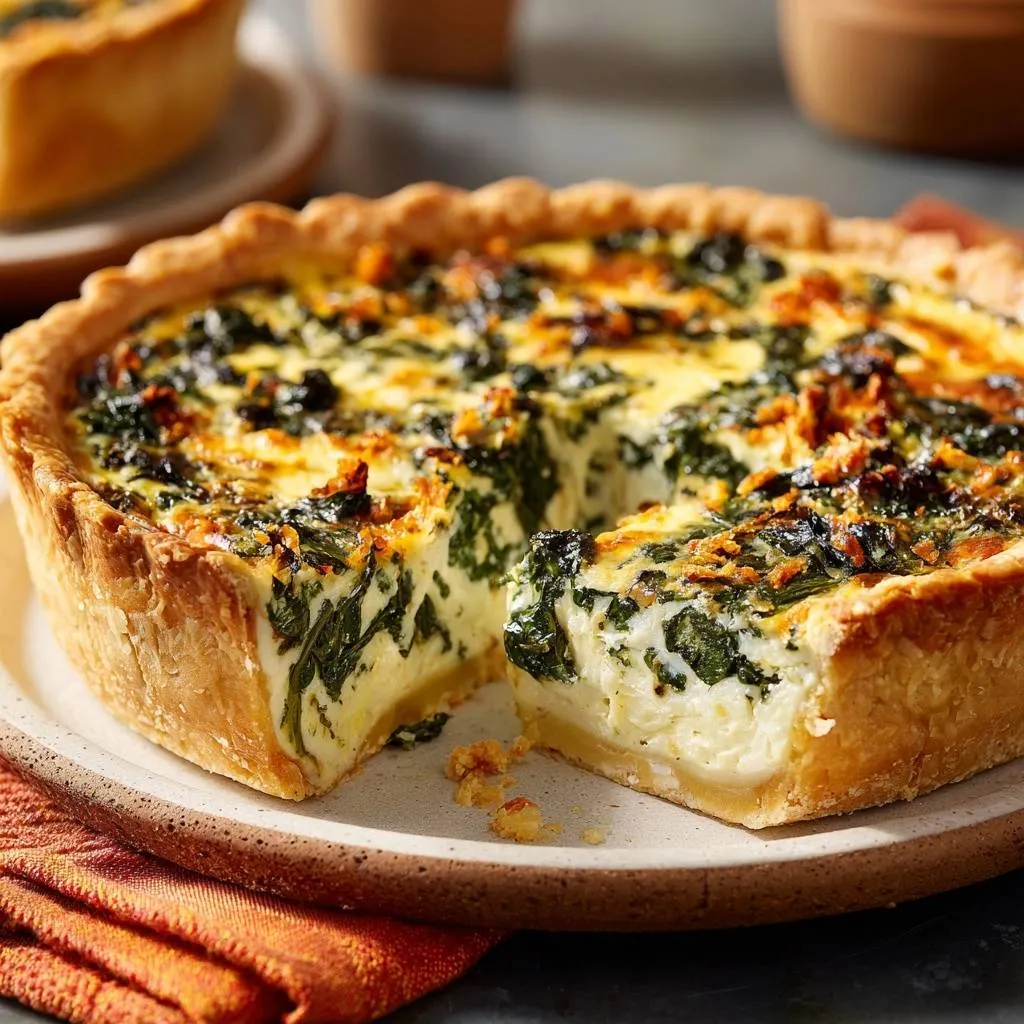 Deep dish spinach and Gruyere quiche shown in a close-up cross-section, revealing its rich filling and flaky crust.