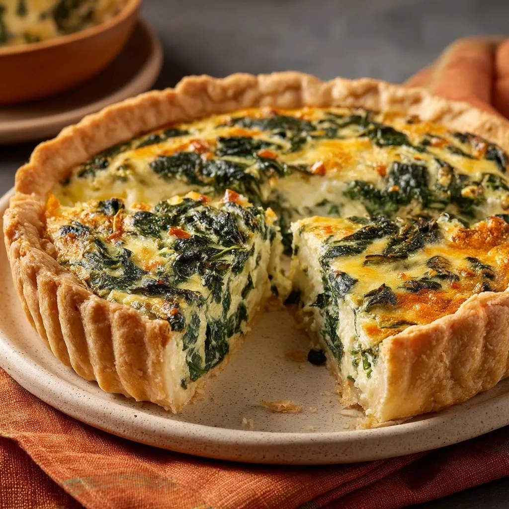 Deep dish spinach and gruyere quiche, showcasing a sliced interior with flaky crust and cheesy filling.