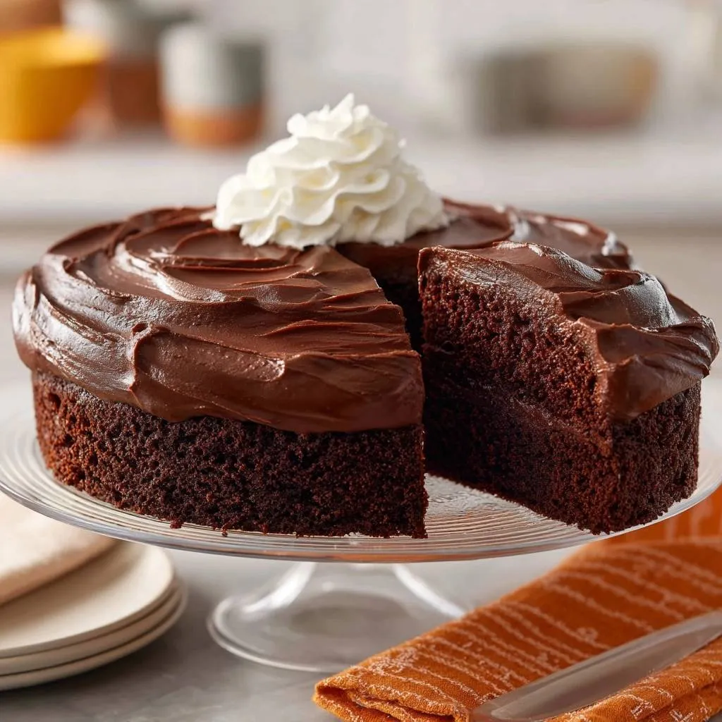 The Ultimate Double Chocolate Layer Cake showing a close-up of a slice revealing its rich chocolate interior and frosting.