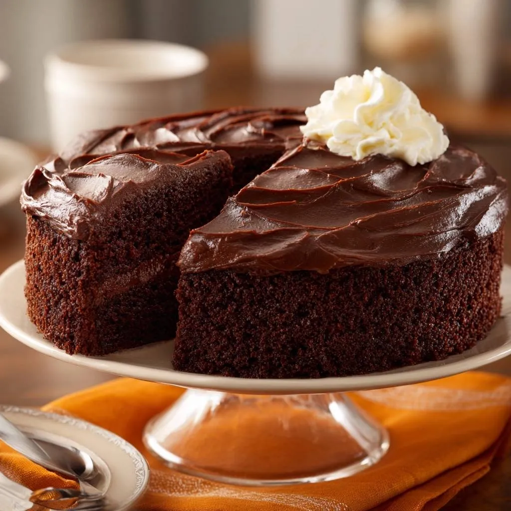 The Ultimate Double Chocolate Layer Cake with a swirl of whipped cream on top, served on a cake stand.