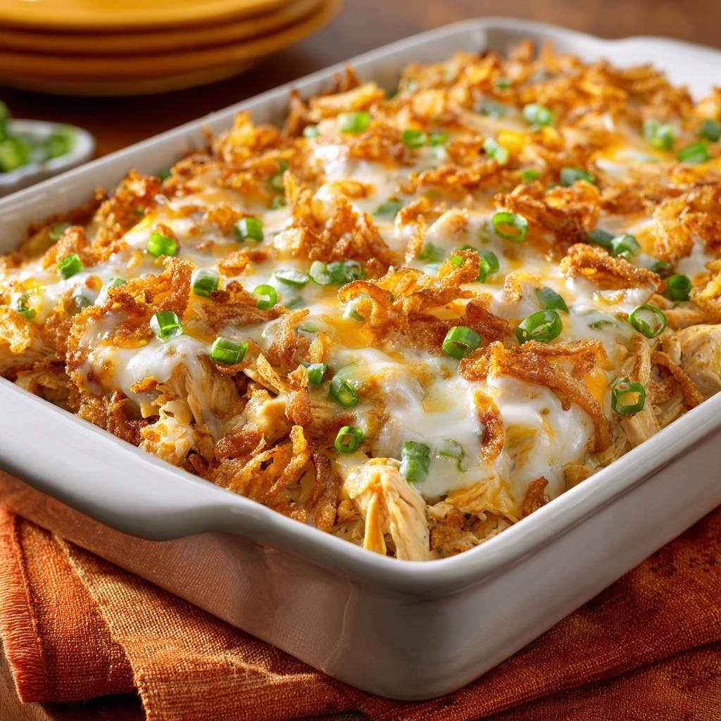 Creamy French Onion Chicken Casserole topped with fried onions and green onions, shown in a close-up view.