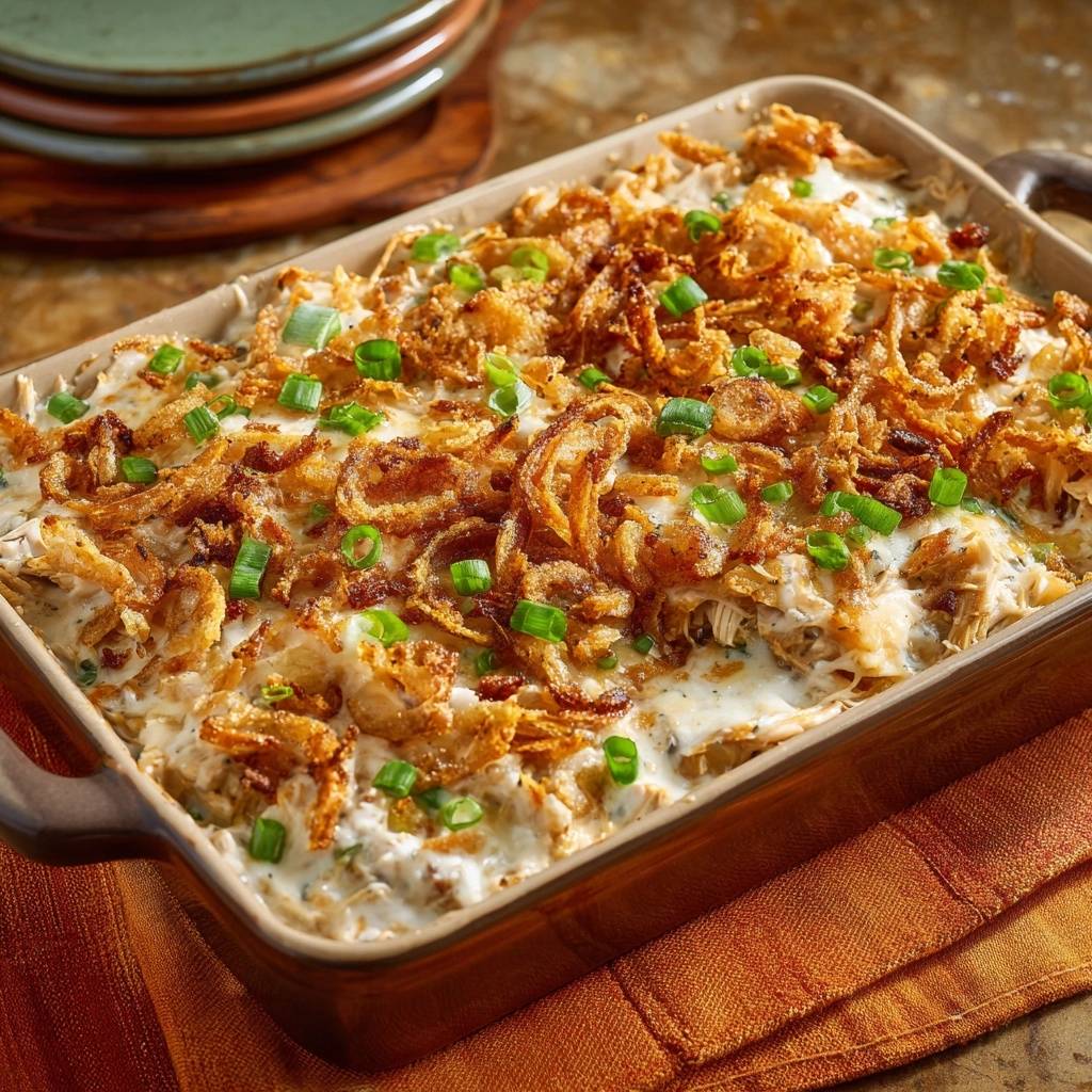 Creamy French Onion Chicken Casserole topped with crispy fried onions and fresh green onions.