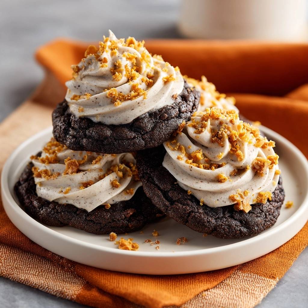 Frosted dark chocolate toffee cookies are garnished with crumbled toffee bits, viewed up close on a white plate.
