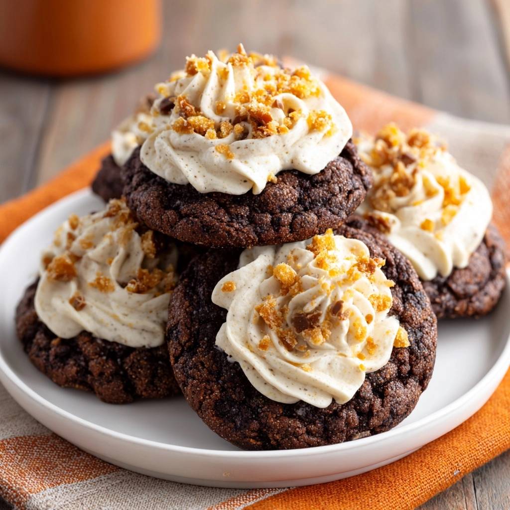 Frosted dark chocolate toffee cookies piled high on a white plate, showcasing their rich chocolate base and creamy frosting.