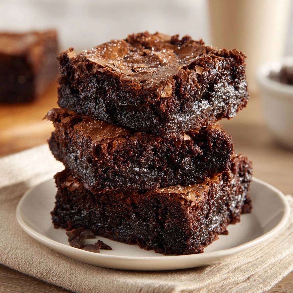 Fudgy cocoa brownies stacked on a plate, showcasing their rich chocolate texture and a dusting of powdered sugar.