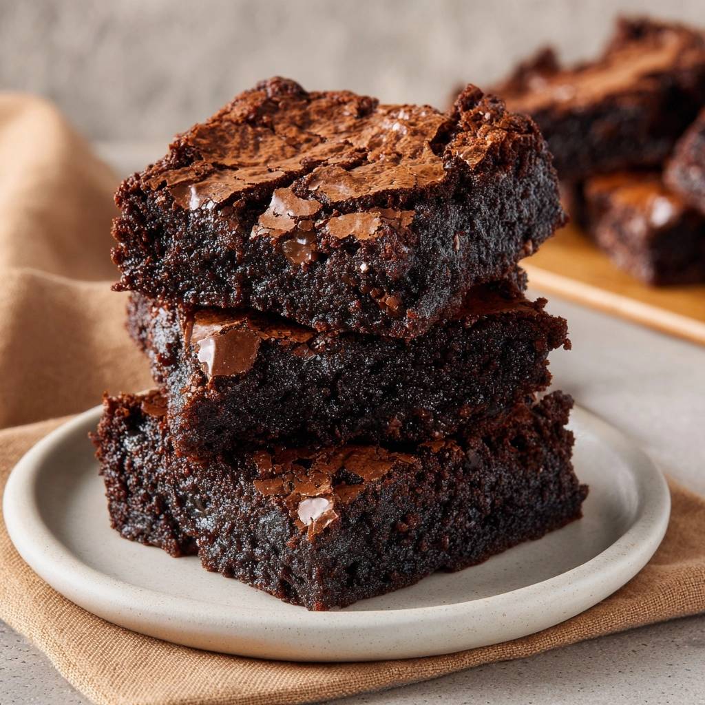 Fudgy cocoa brownies stacked on a plate, showcasing a rich, dense interior with visible chocolate chips.