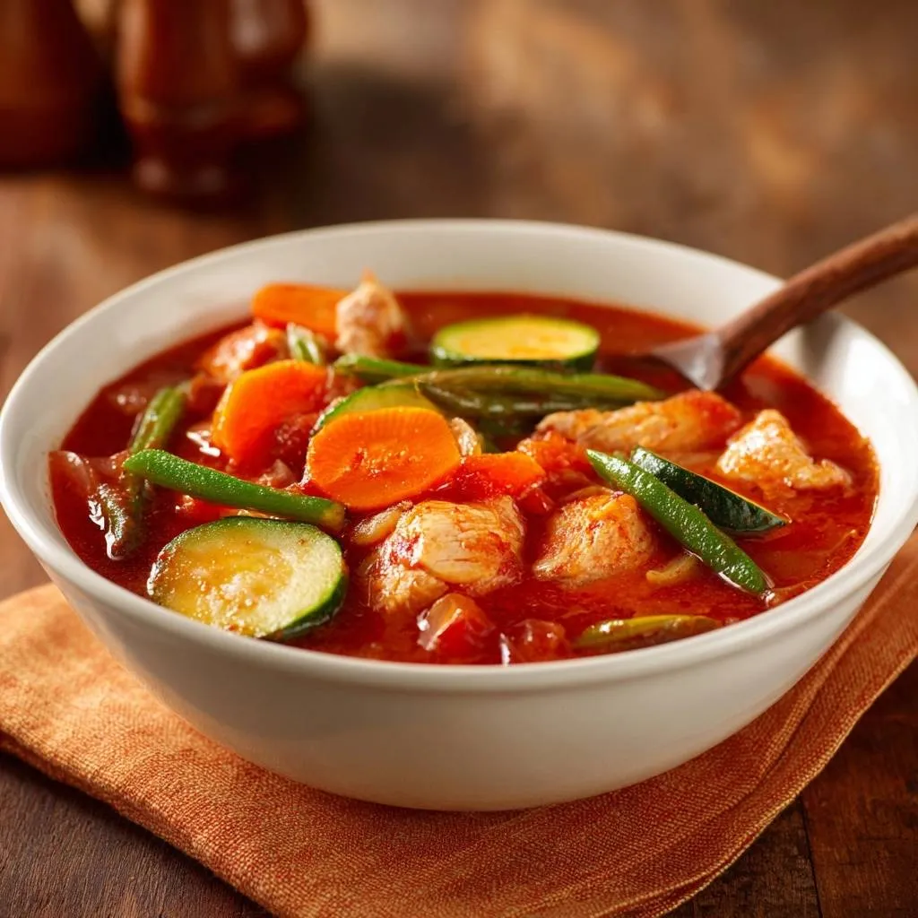 Hearty garden vegetable and chicken stew served in a white bowl with a wooden spoon, featuring zucchini and carrots.