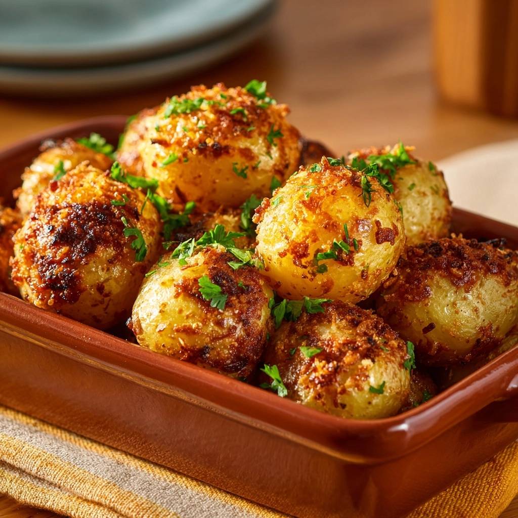 Garlic butter roasted baby potatoes with a shatter-crisp crust, shown in a close-up view with fresh parsley garnish.