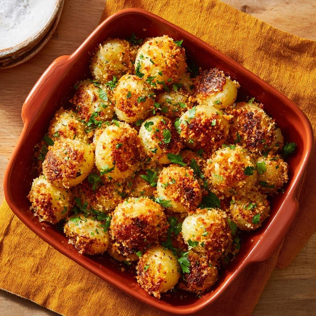 Garlic butter roasted baby potatoes with a shatter-crisp crust served in a rustic dish, overhead view.