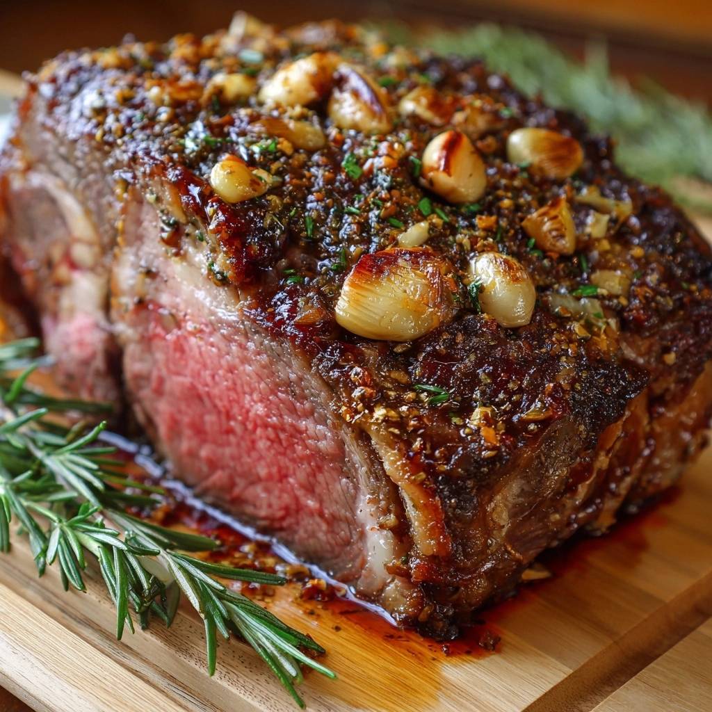 Garlic herb crusted prime rib, showcasing a juicy, medium-rare cross-section with roasted garlic cloves.
