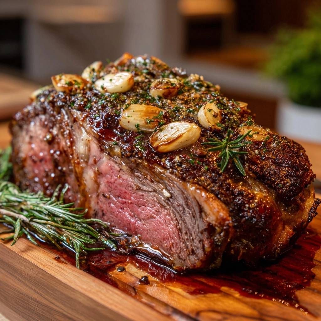 Garlic herb crusted prime rib showing a juicy pink cross-section and roasted garlic cloves on top