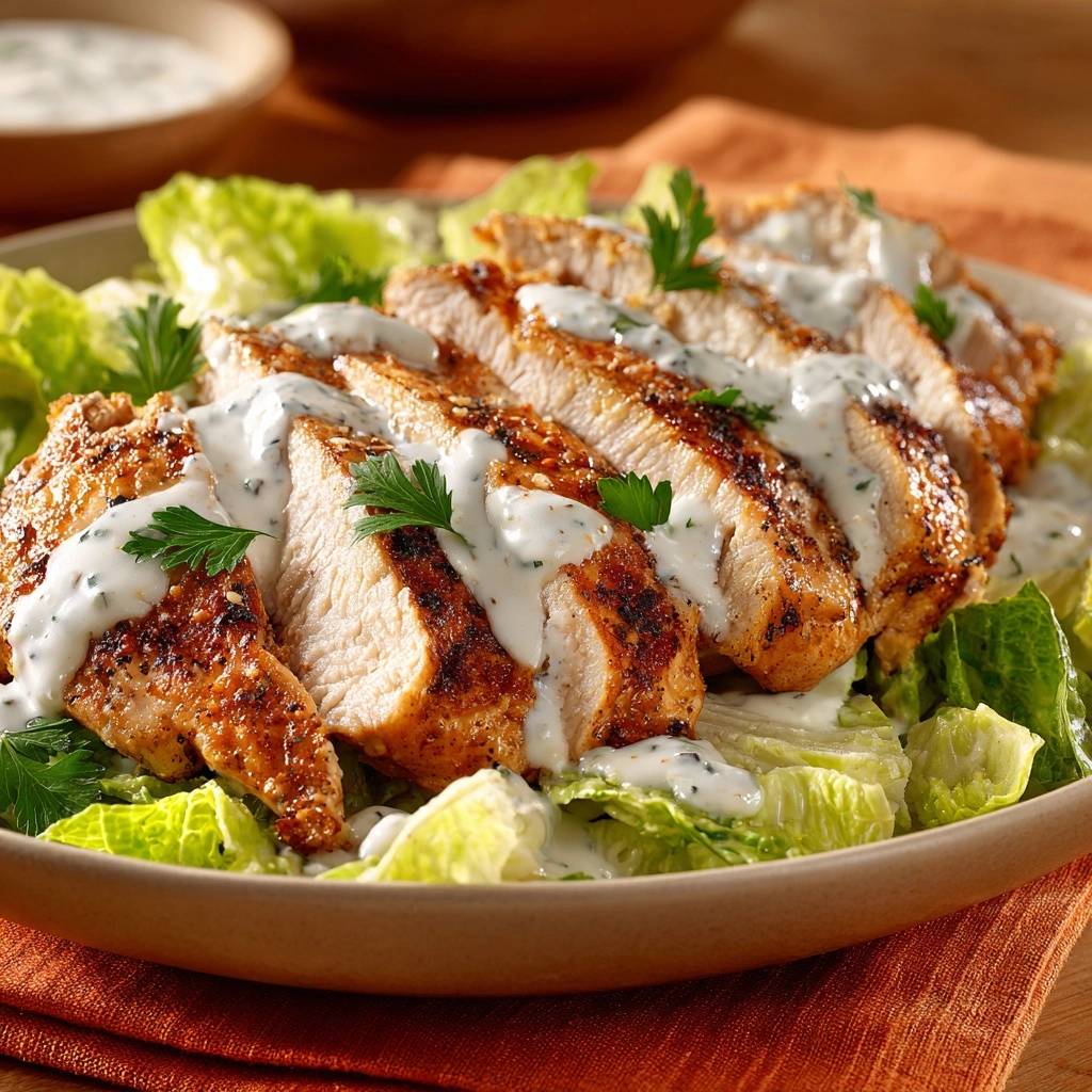 Garlic herb grilled chicken salad, sliced and presented in a close-up top view with creamy dressing and fresh parsley garnish.