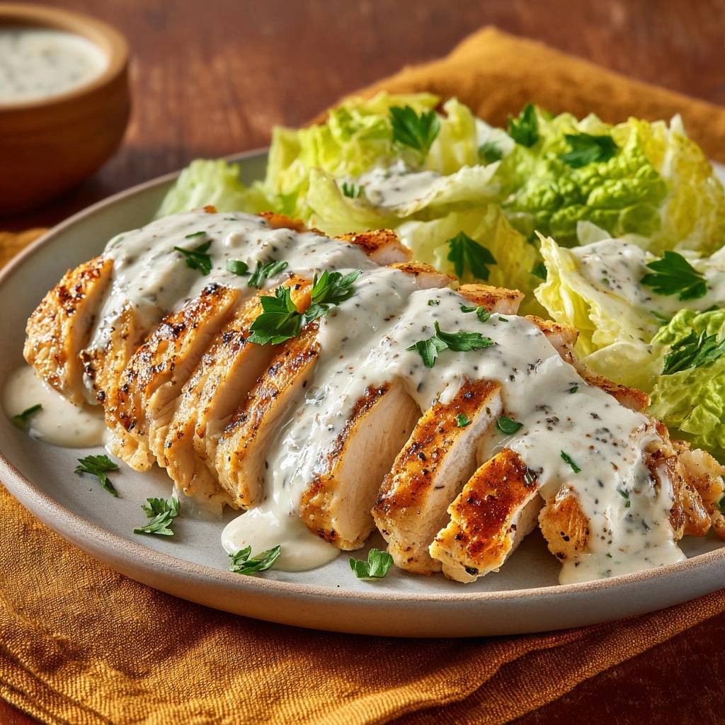 Garlic herb grilled chicken salad sliced and drizzled with creamy dressing, served with lettuce.
