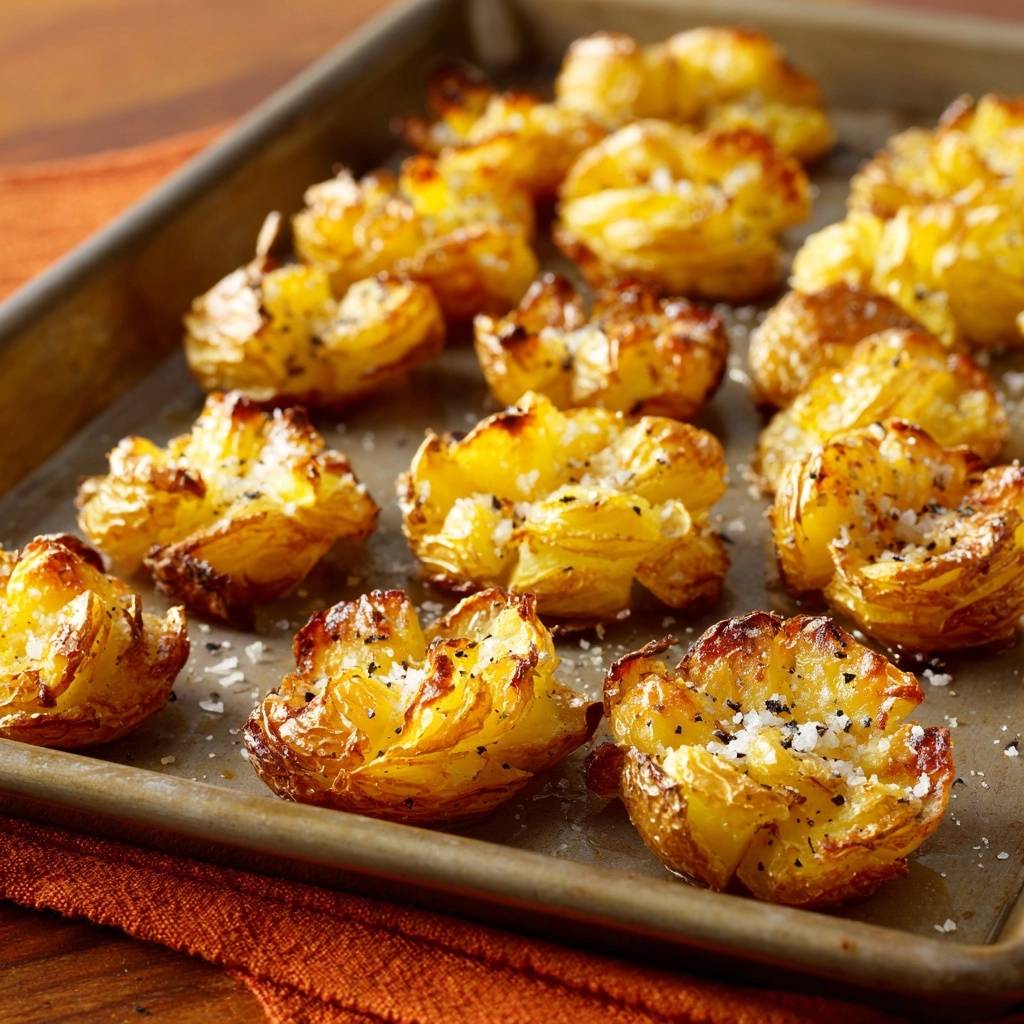 Garlic herb smashed potatoes with flaky salt and black pepper shown close-up on a baking tray.