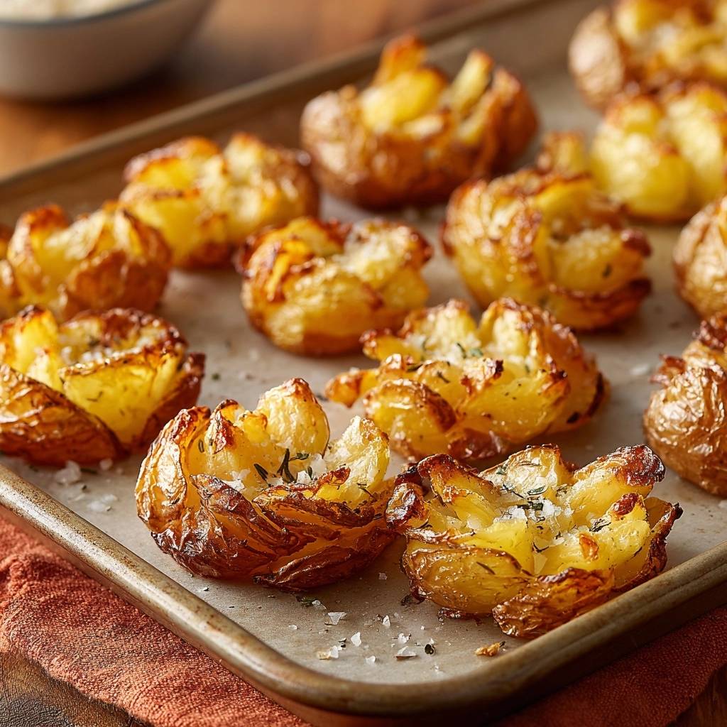 Garlic herb smashed potatoes close-up on a baking tray, showcasing their golden-brown texture and sprinkled sea salt.