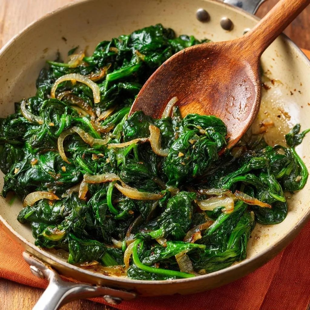 Garlic sauteed spinach and onions in a skillet with a wooden spoon, showing the wilted greens and softened onions.