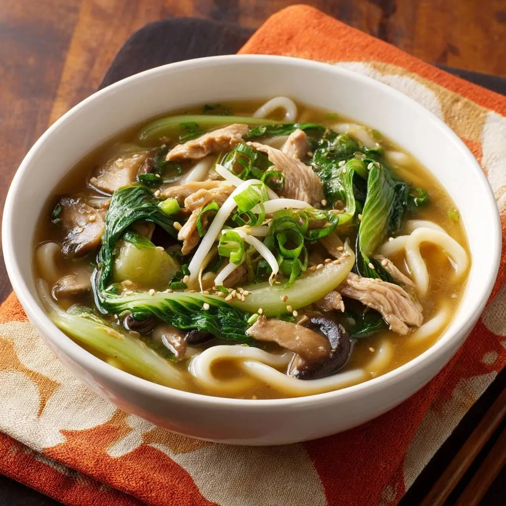 Ginger chicken udon soup in a white bowl, showing bok choy, mushrooms, and udon noodles.