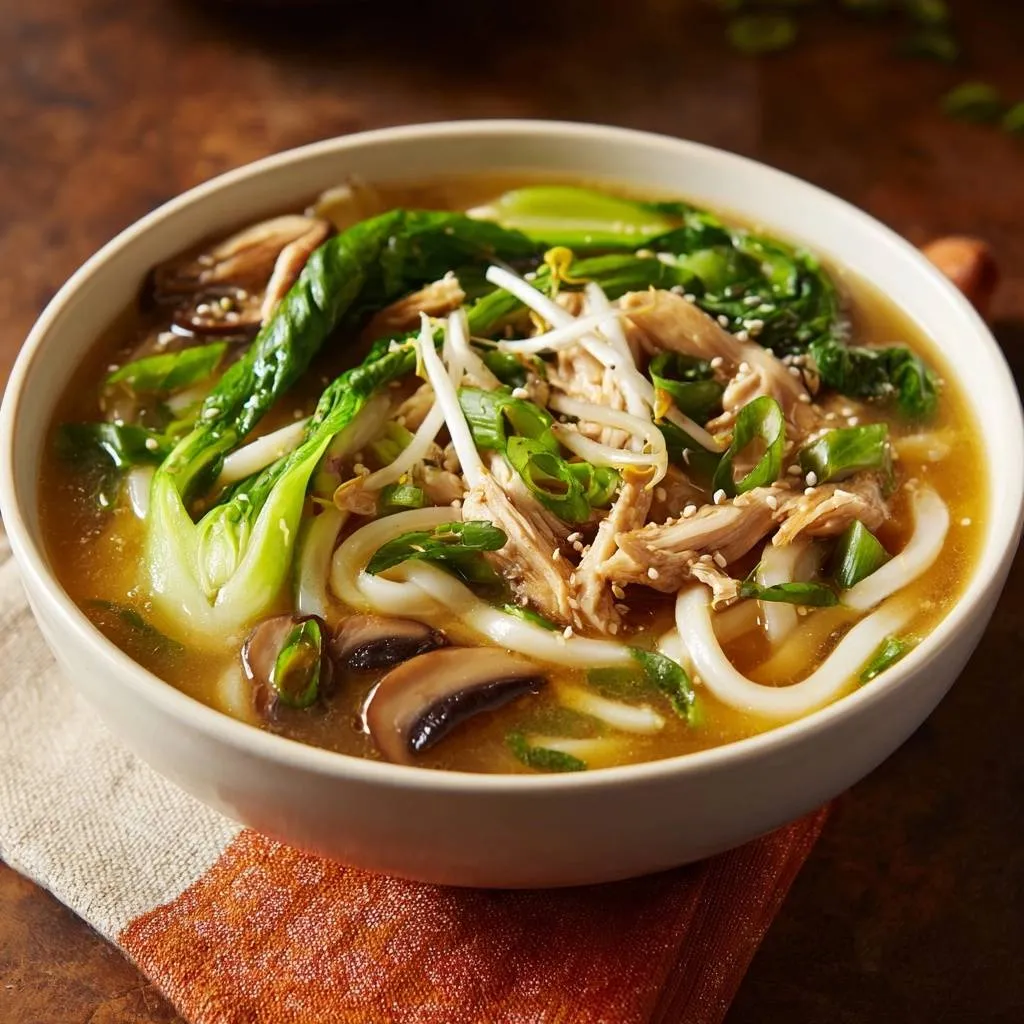 Ginger chicken udon soup served in a white bowl, showcasing noodles, chicken, bok choy, mushrooms, and bean sprouts.