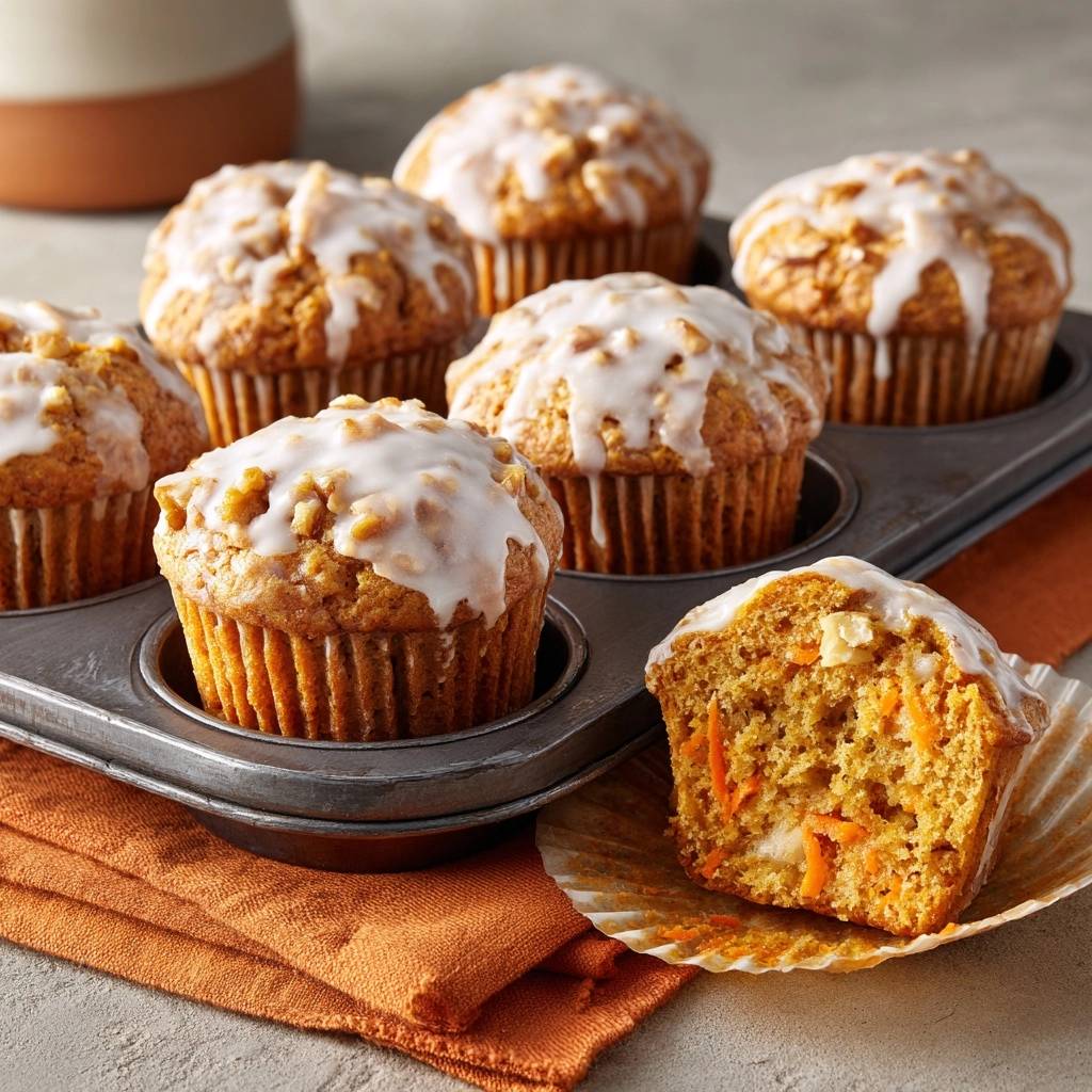 Glazed carrot walnut muffins showing a detailed cross-section with visible carrots and nuts.
