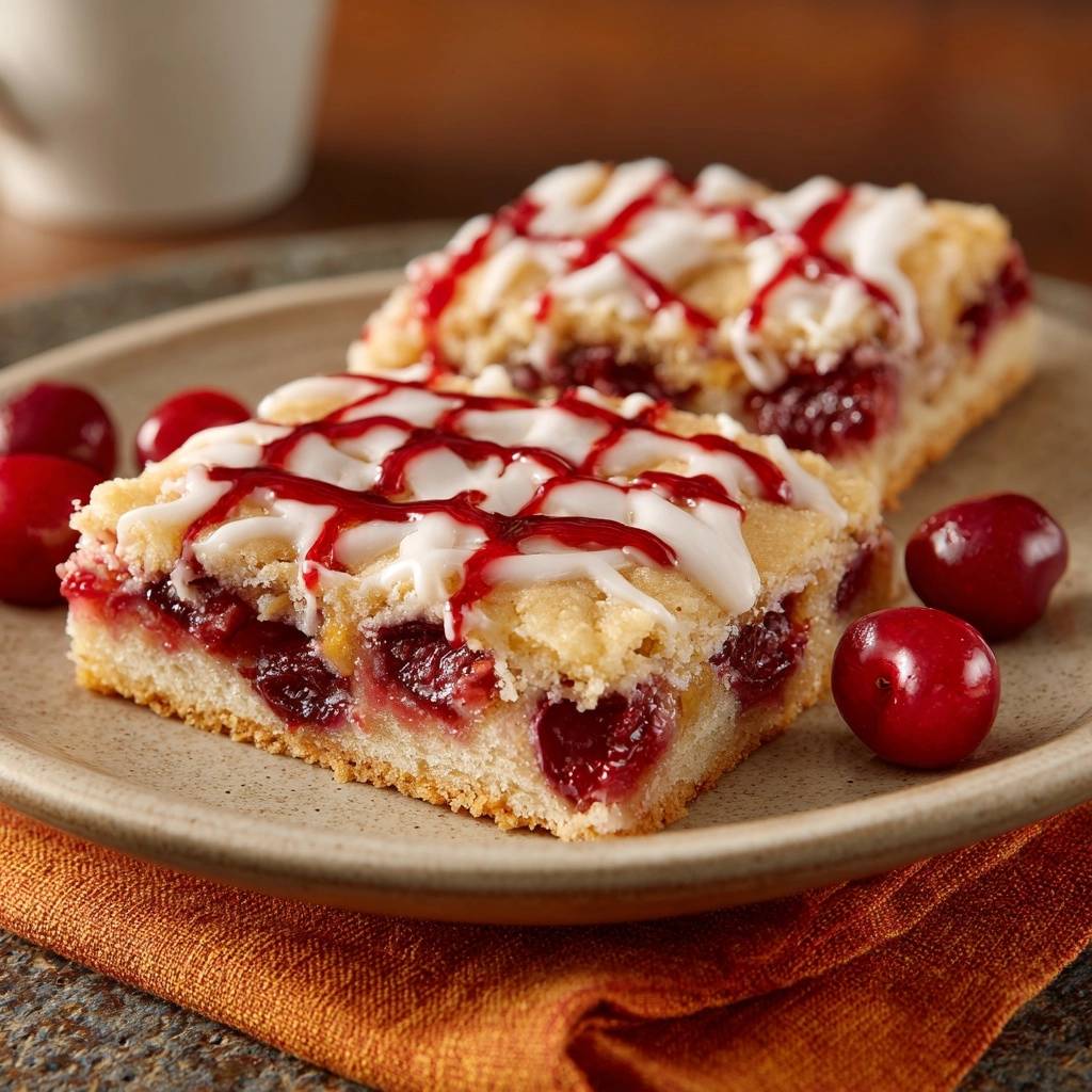 Glazed cherry pie bars plated with fresh cherries and drizzled with glaze, showcasing the interior fruit filling.