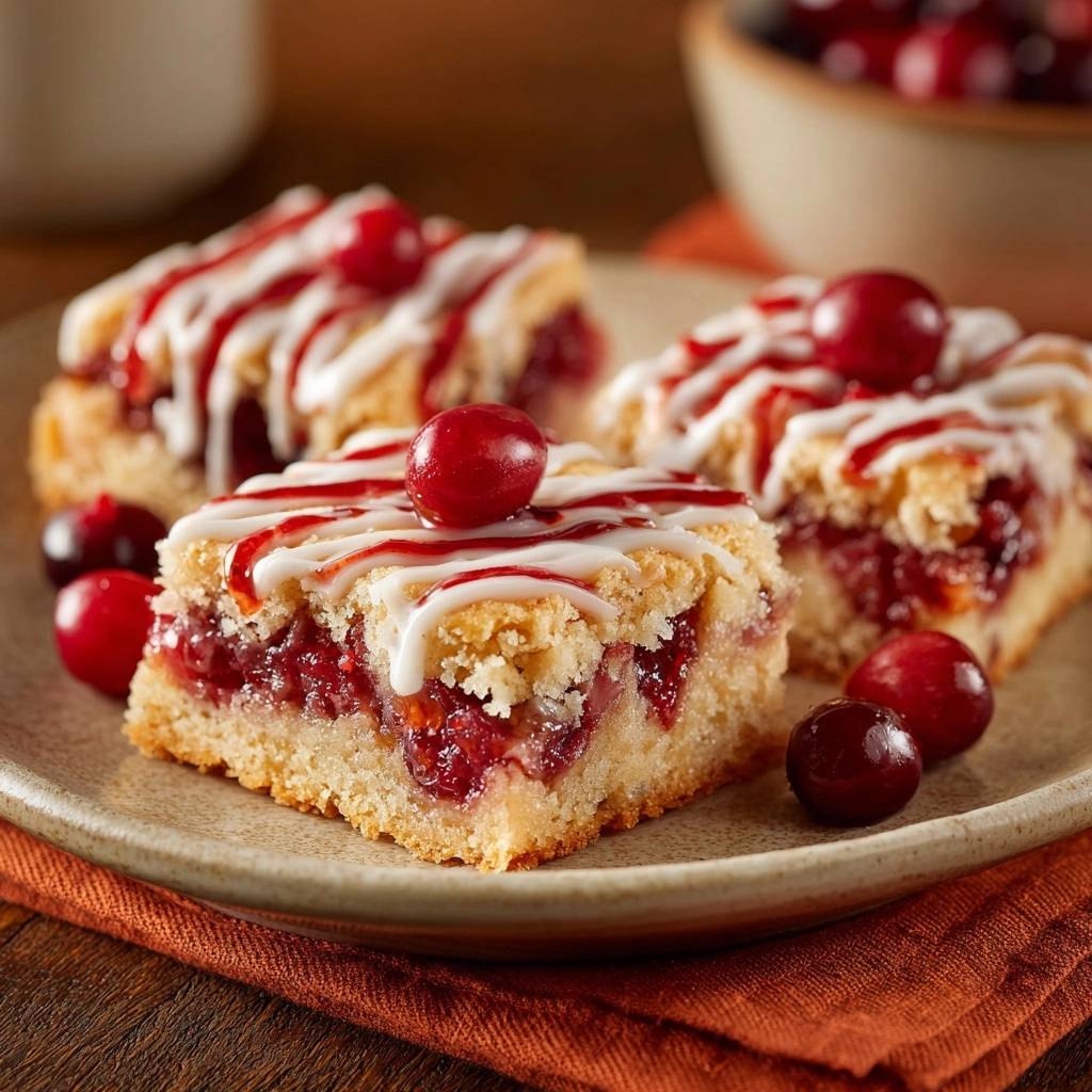 Glazed cherry pie bars shown as three plated slices with fresh cranberries and drizzles of icing.
