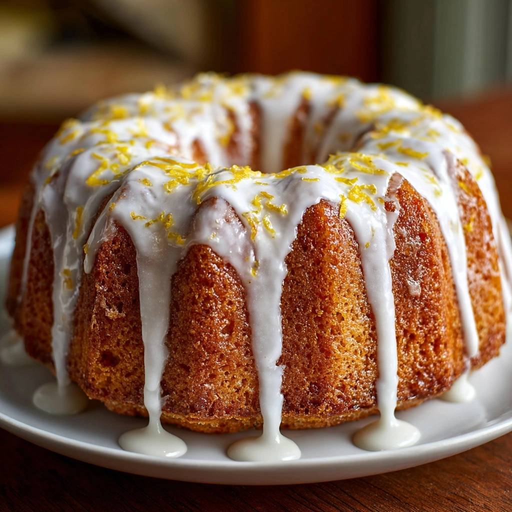 Glazed lemon zest bundt cake with a beautiful white glaze drizzled down the sides and sprinkled with zest.