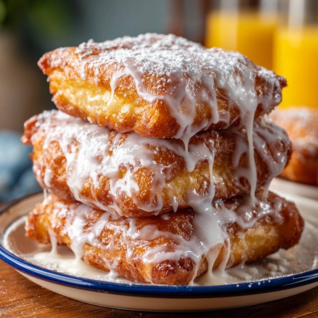 Glazed New Orleans style beignets stacked high and generously drizzled with white icing.