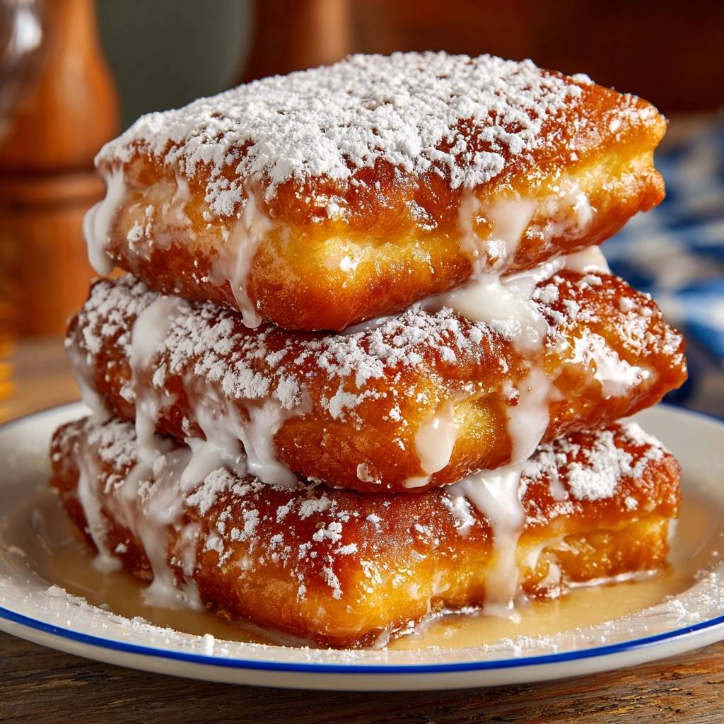 Glazed New Orleans style beignets stacked high and dusted with powdered sugar, drizzled with white icing.
