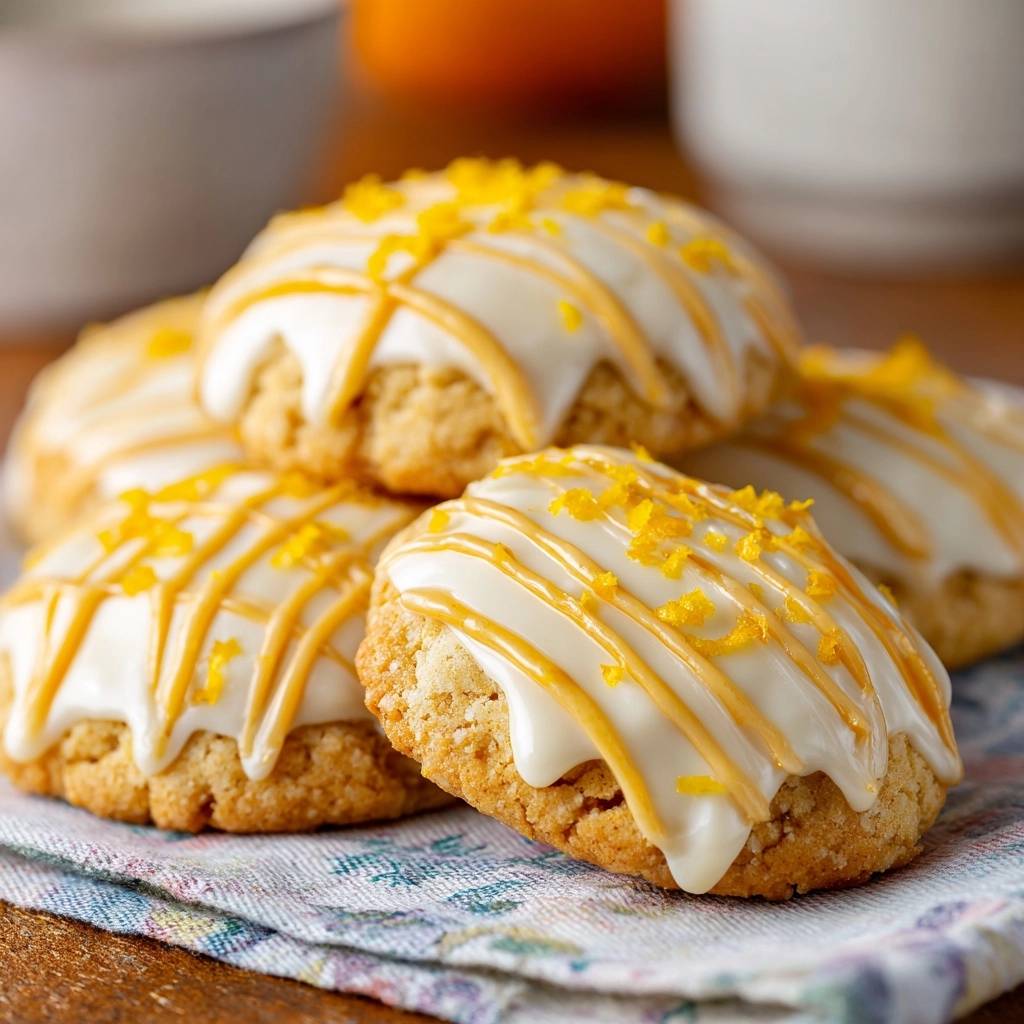 Glazed orange creamsicle cookies are drizzled with orange icing and sprinkled with zest on a patterned napkin.